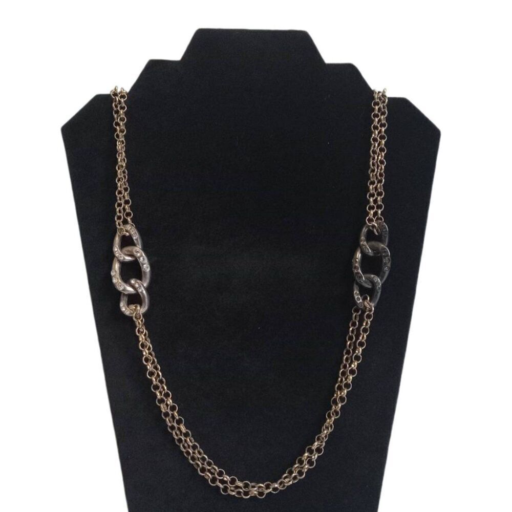 Silver and Gold Toned Rhinestone Encrusted Metal Curb Links Heavyweight Necklace